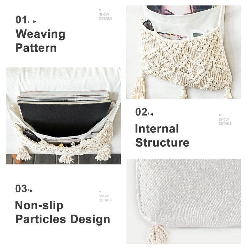 Mkono Macrame Couch Organizer Remote Control Caddy Sofa Armrest Armchair Bedside Storage Holder Bag for TV Remote, Magazine, Books, Cell Phone, iPad, Boho Living Room Home Dorm Decor, Beige - Image 4