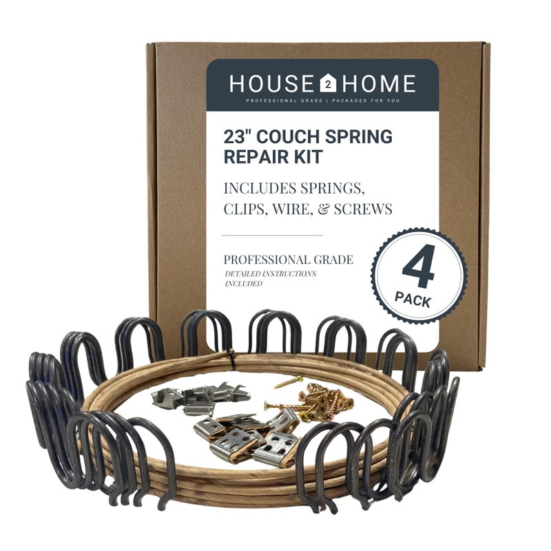 House2Home 23" Couch Spring Repair Kit to Fix Sofa Support for Sagging Cushions - Includes 4pk of Springs, Upholstery Spring Clips, Seat Spring Stay Wire, Screws, and Installation Instructions