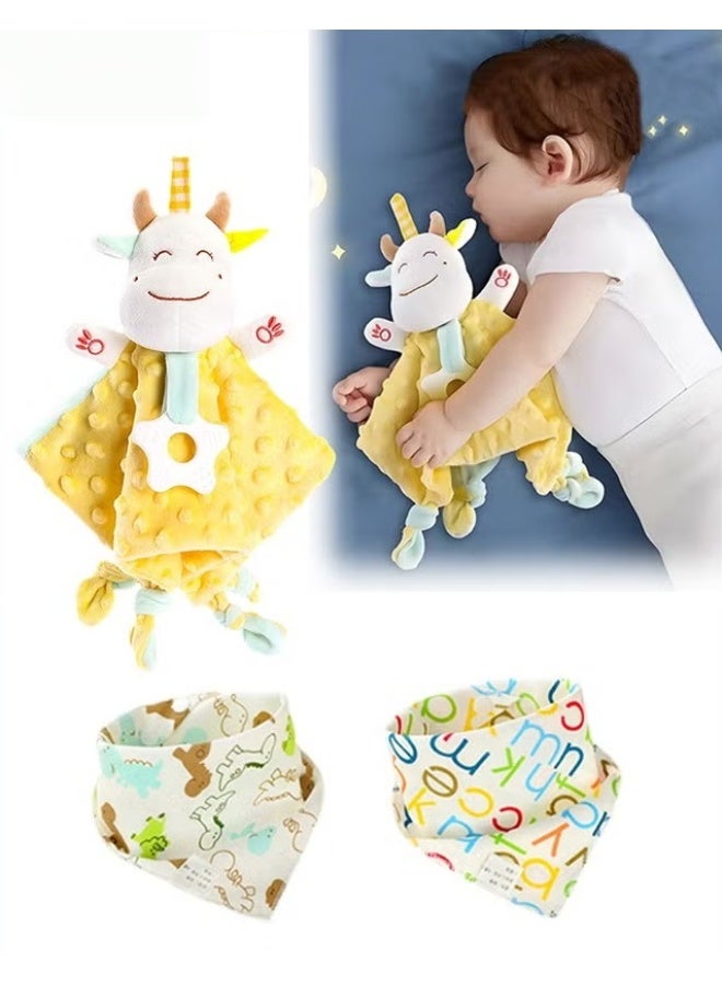 HOOKOR Baby Security Blanket With 2 Cotton Bibs New Born Cute Stuffed Animal Comfort Towel with Teether for Nursery Strollers Cots Cribs Car Seats