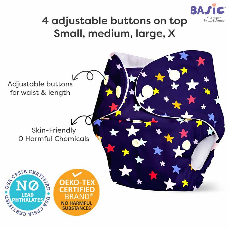 SuperBottoms BASIC Pack of 4 Freesize Adjustable, Washable and Reusable Cloth Diaper for babies 0-3 Years | One Size Adjustable Diapers (Pack of 4 diapers+ 4 inserts) Assorted prints - Image 5