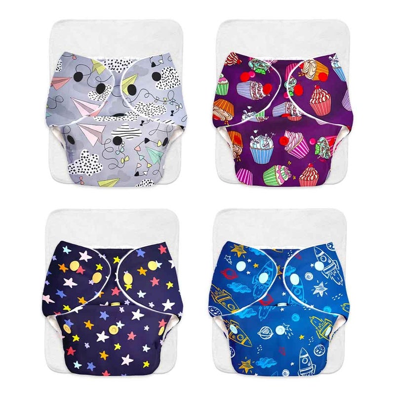 SuperBottoms BASIC Pack of 4 Freesize Adjustable, Washable and Reusable Cloth Diaper for babies 0-3 Years | One Size Adjustable Diapers (Pack of 4 diapers+ 4 inserts) Assorted prints - Image 1
