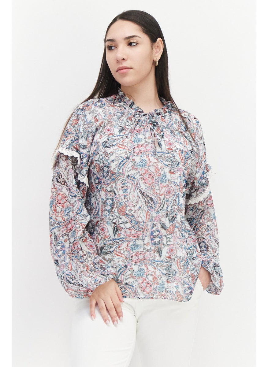 Women Tie Neck Long Sleeves Floral Pattern Top, Blue Combo - pzsku/ZBB324AE34D2D22F1F73EZ/45/_/1737642005/3ef769f6-1c17-4061-9468-860fe440a6f1