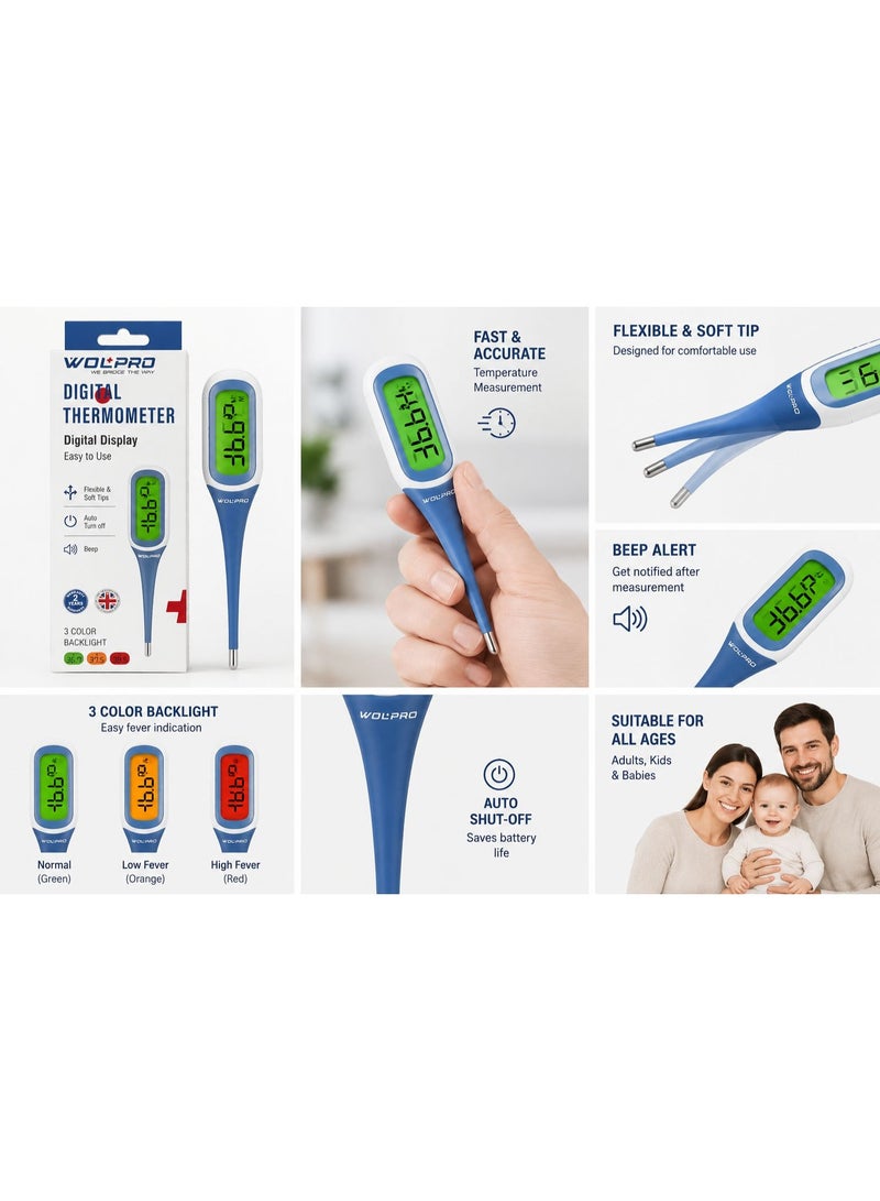 WOLAID WOLPRO Digital Thermometer Flexible Tip with LCD Display & Fever Alert – Fast & Accurate Reading - Image 3