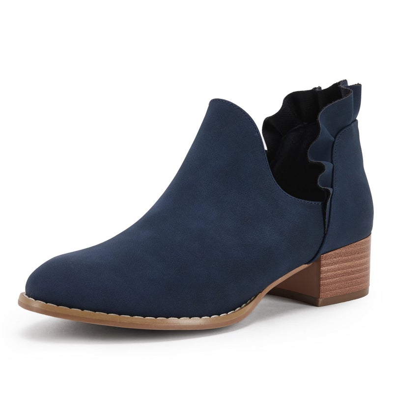 FISACE Womens Ruffled Ankle Boots V Cut Out Pointed Toe Chunky Low Heel Dressy Western Booties Navy - Image 1