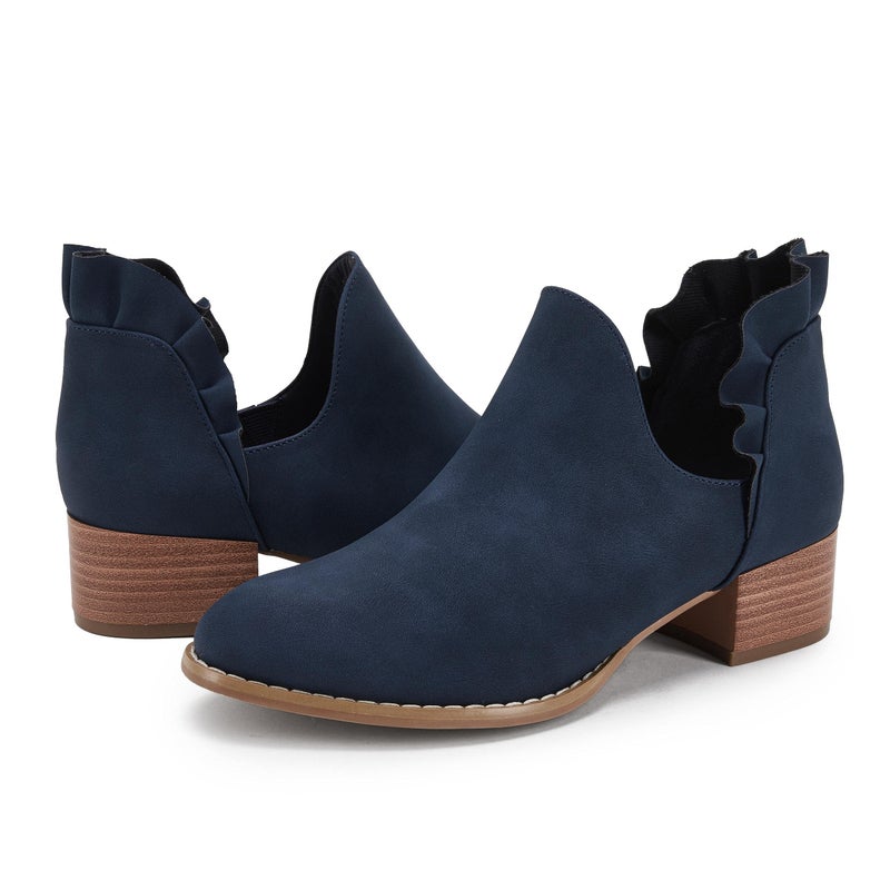 FISACE Womens Ruffled Ankle Boots V Cut Out Pointed Toe Chunky Low Heel Dressy Western Booties Navy - Image 3