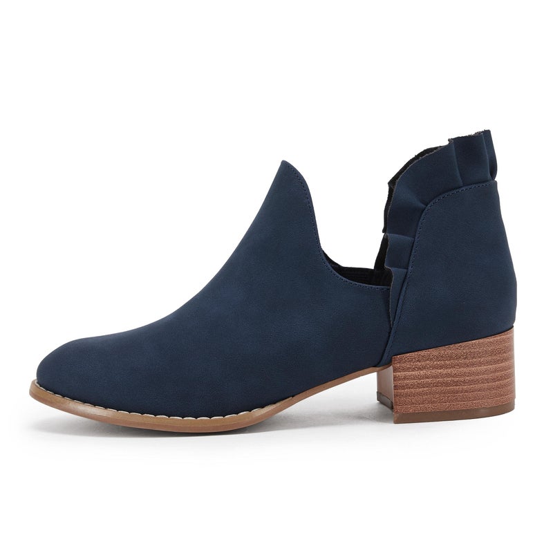 FISACE Womens Ruffled Ankle Boots V Cut Out Pointed Toe Chunky Low Heel Dressy Western Booties Navy - Image 2