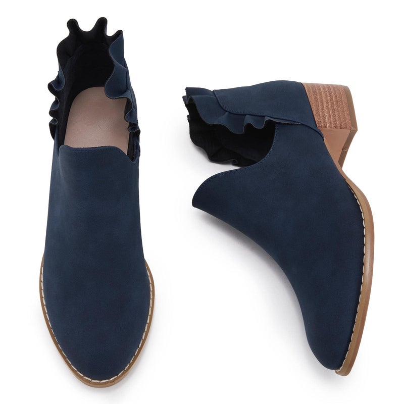 FISACE Womens Ruffled Ankle Boots V Cut Out Pointed Toe Chunky Low Heel Dressy Western Booties Navy - Image 4