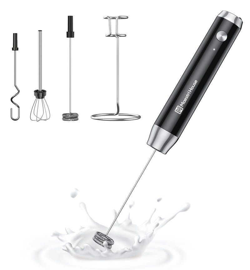 Maestri House Rechargeable Milk Frother with 3 Heads LunaFro AS Handheld Electric Foam Maker Waterproof Detachable Stainless Steel Whisk Drink Mixer Foamer with Stand for Lattes Cappuccino Egg
