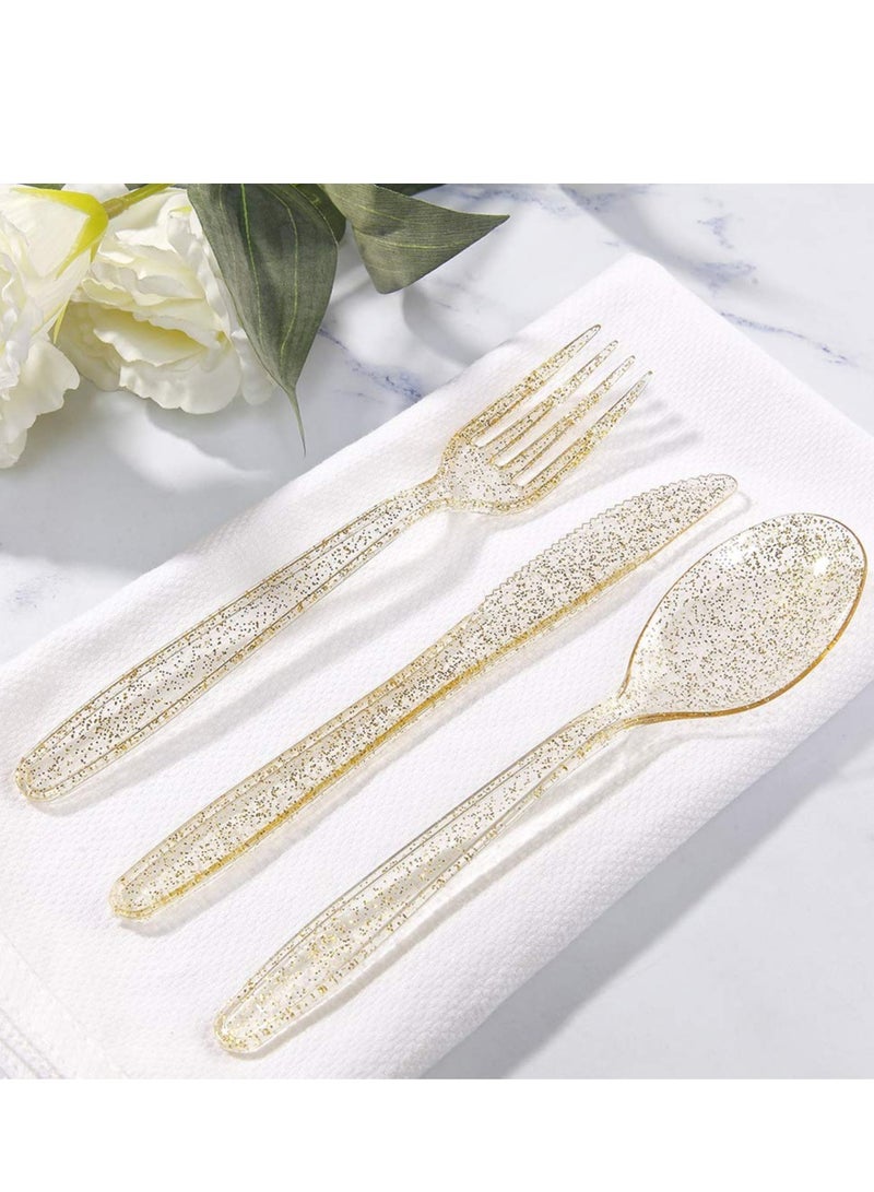 30-Piece Disposable Gold Glitter Plastic Cutlery Set - Includes 10 Gold Forks, 10 Gold Spoons, and 10 Gold Knives for Fancy Parties and Events. Perfect Plastic Tableware for Celebrations!  - Image 4