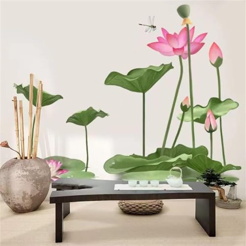 SHUTTLE ART Lotus Flower Wall Decals - Pink Summer Garden Floral Sticker, Plant Leaf Mural, Peel and Stick Self-Adhesive Waterproof Art for Office Decor - Image 3