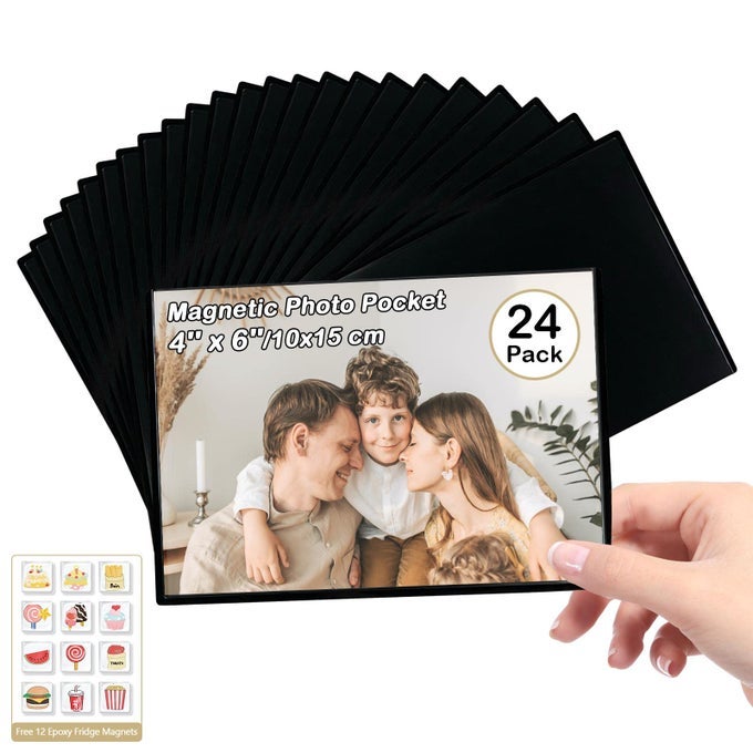 24 PCS MAGNETIC PICTURE FRAME HOLDS 4X6 INCHES PICTURES REUSABLE BLACK MAGNET FRIDGE PHOTO SLEEVES WITH FOR REFRIGERATOR LOCKEROFFICE CABINET WITH FREE REMOVABLE 12 PCS FOOD FRIDGE MAGNET