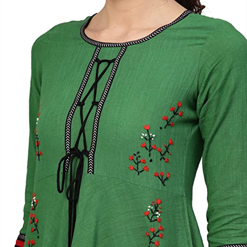 Yash Gallery Women's Cotton Slub Embroidered 3/4 Sleeve Round Neck Anarkali Kurtis (Small, Green) - Image 5