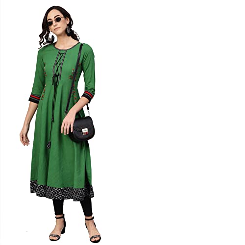 Yash Gallery Women's Cotton Slub Embroidered 3/4 Sleeve Round Neck Anarkali Kurtis (Small, Green) - Image 2