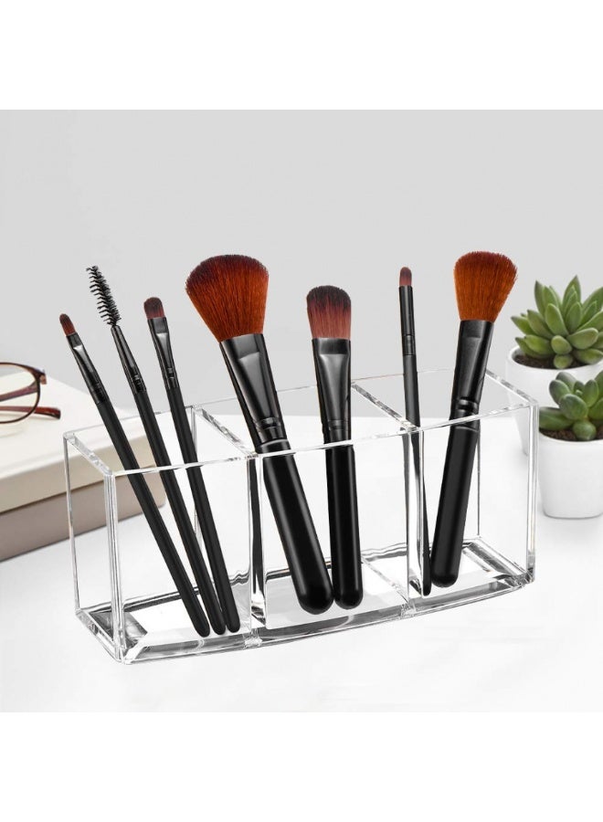 منظّم فرش مكياج شفاف من الأكريليك بسماكة 2.8 مم – يحتوي على 3 أقسام لحفظ فرش التجميل، وحامل أقلام وقرطاسية للمكتب (بحجم ‎17.8 × 7.6 × 5 سم). - Image 1