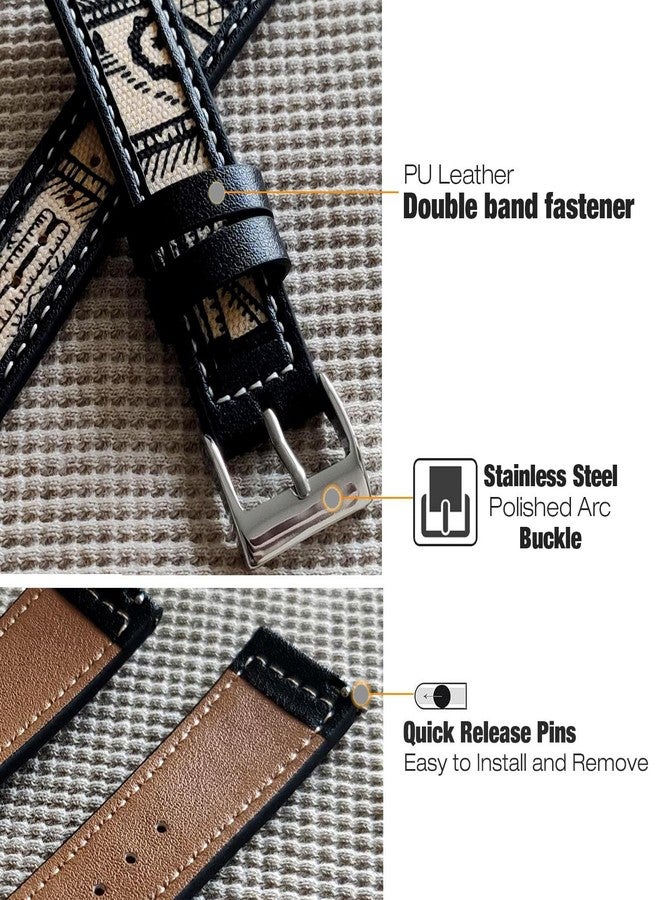 Abanen Denim Leather Watch Band for Samsung Galaxy Watch 4 / Galaxy Watch 5, 20mm Canvas Fabric Strap with Soft PU Leather Lining Wristband for Galaxy Watch 4 Classic 42mm / 46mm (Black-Beige) - Image 5