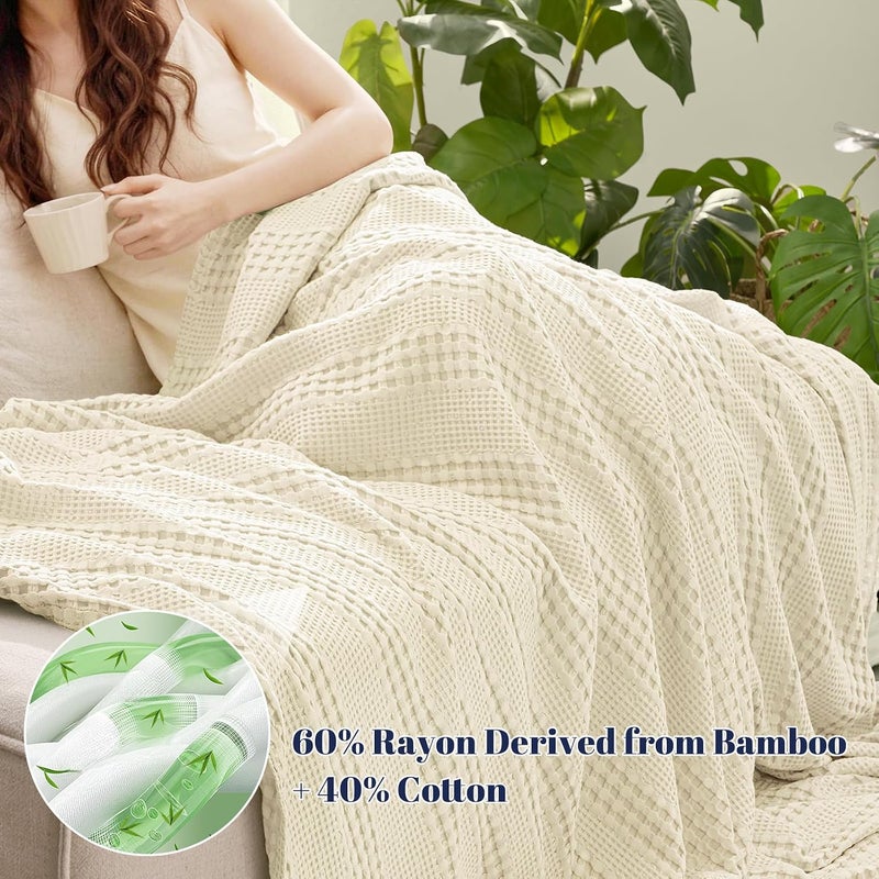 PHF Cooling Waffle Blanket Twin Size, Lightweight 60% Rayon Derived Bamboo & 40% Cotton Breathable Blanket for Hot Sleepers, Soft and Luxury for Bed Couch and Sofa, 66"x90", Ivory - Image 2
