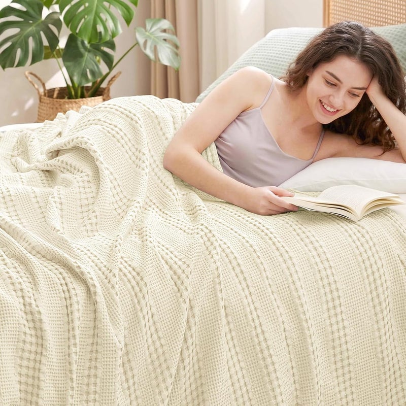 PHF Cooling Waffle Blanket Twin Size, Lightweight 60% Rayon Derived Bamboo & 40% Cotton Breathable Blanket for Hot Sleepers, Soft and Luxury for Bed Couch and Sofa, 66"x90", Ivory - Image 1
