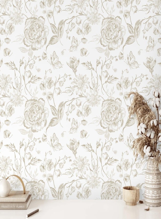 Micpolo Peel and Stick Wallpaper Vintage Floral Wall Paper Boho Contact Paper Bedroom Bathroom Wallpaper Beige and White Removable Self-Adhesive Kitchen Wall Decor Vinyl Roll 17.3" x 78" - Image 1