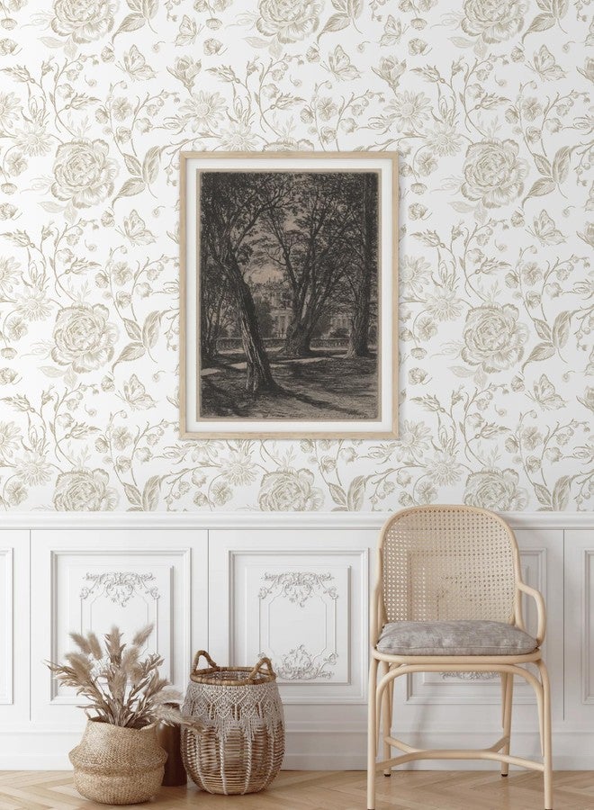Micpolo Peel and Stick Wallpaper Vintage Floral Wall Paper Boho Contact Paper Bedroom Bathroom Wallpaper Beige and White Removable Self-Adhesive Kitchen Wall Decor Vinyl Roll 17.3" x 78" - Image 2