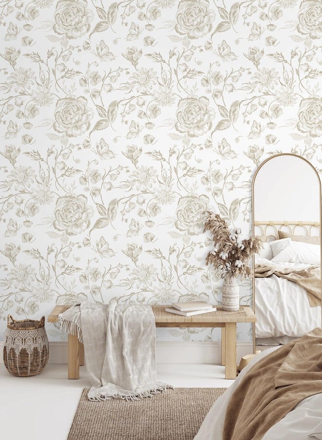 Micpolo Peel and Stick Wallpaper Vintage Floral Wall Paper Boho Contact Paper Bedroom Bathroom Wallpaper Beige and White Removable Self-Adhesive Kitchen Wall Decor Vinyl Roll 17.3" x 78" - Image 3