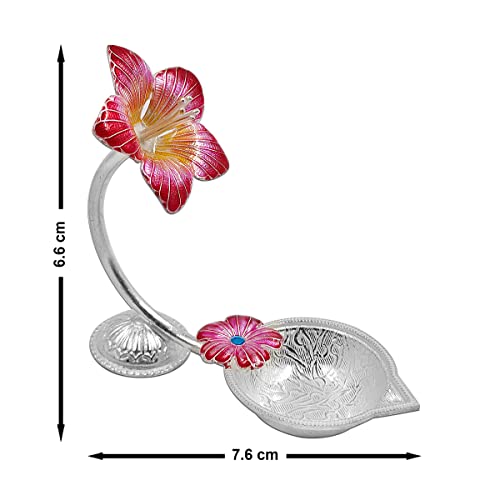 MAA SILVER Pure Silver Diya with Red Colour Enamel & Hibiscus Flower Shape Design BIS Hallmarked Perfect for Gift and Pooja Use (92.5 Purity)(15 Grams Silver) - Image 4