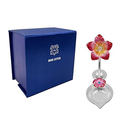 MAA SILVER Pure Silver Diya with Red Colour Enamel & Hibiscus Flower Shape Design BIS Hallmarked Perfect for Gift and Pooja Use (92.5 Purity)(15 Grams Silver) - Image 5