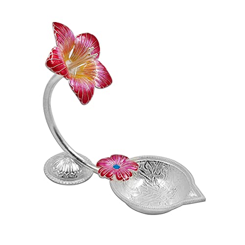 MAA SILVER Pure Silver Diya with Red Colour Enamel & Hibiscus Flower Shape Design BIS Hallmarked Perfect for Gift and Pooja Use (92.5 Purity)(15 Grams Silver) - Image 1