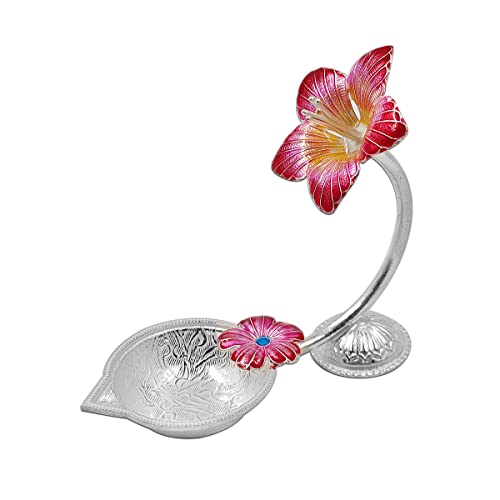 MAA SILVER Pure Silver Diya with Red Colour Enamel & Hibiscus Flower Shape Design BIS Hallmarked Perfect for Gift and Pooja Use (92.5 Purity)(15 Grams Silver) - Image 3