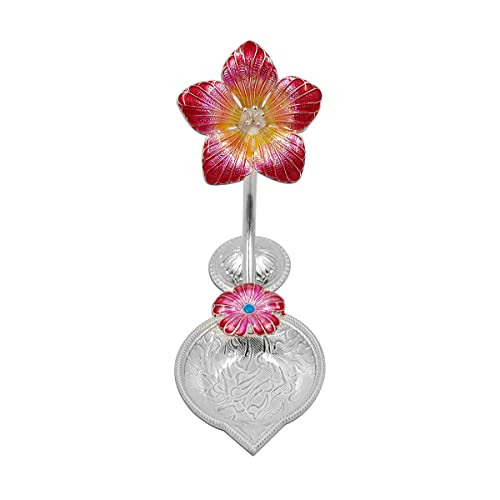 MAA SILVER Pure Silver Diya with Red Colour Enamel & Hibiscus Flower Shape Design BIS Hallmarked Perfect for Gift and Pooja Use (92.5 Purity)(15 Grams Silver) - Image 2