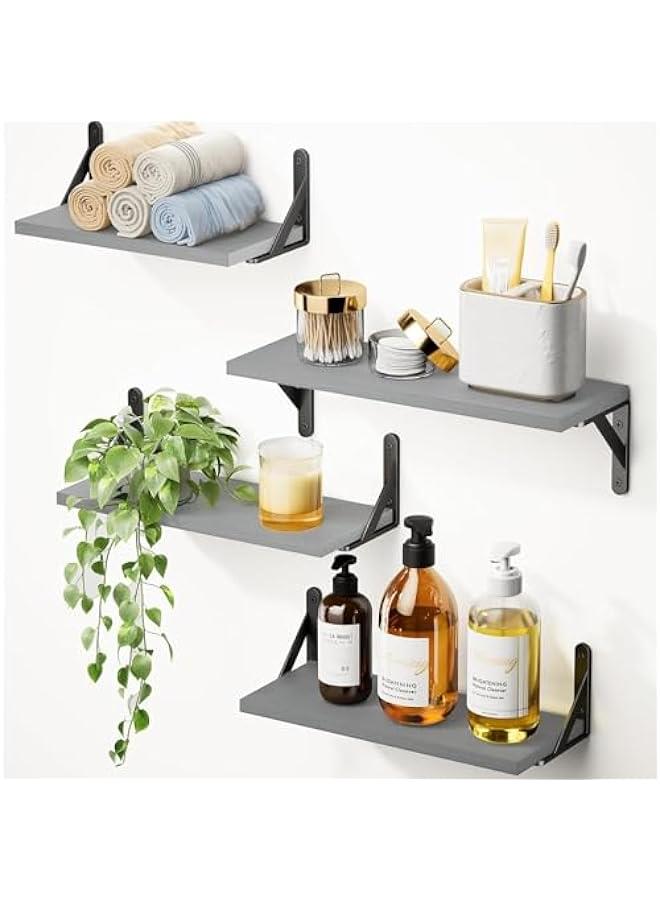 HOOKOR 4 Pcs Floating Shelves, Wood Floating Wall Shelf with Metal Brackets, for Wall Décor, Bedroom, Living Room, Bathroom and Plants - Image 1
