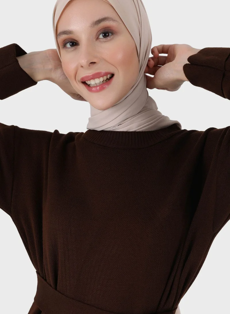 Refka by modanisa Belted Round Neck Dress