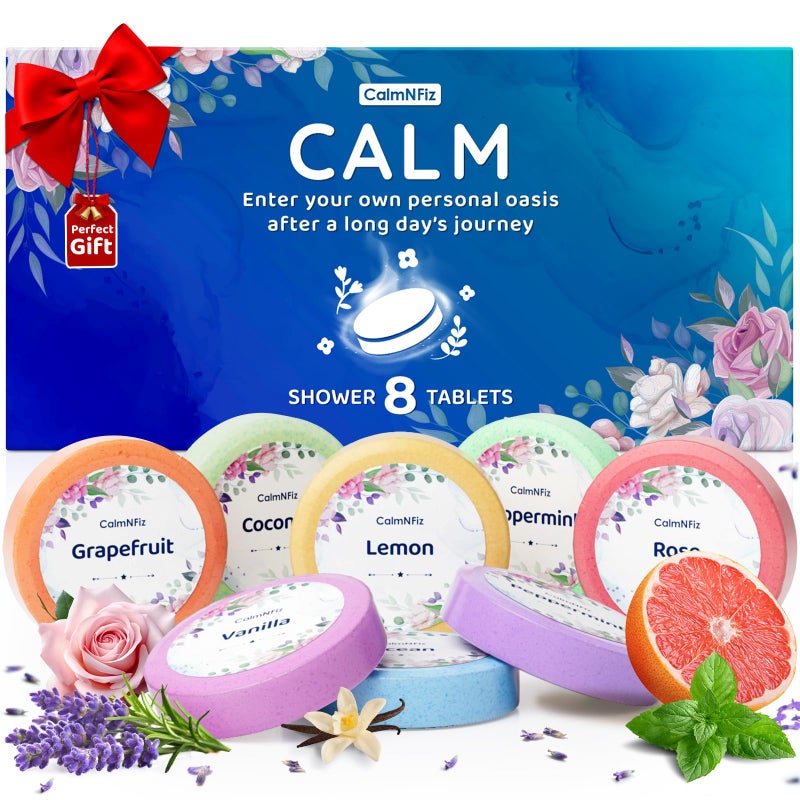 CalmNFiz أقراص بخار الاستحمام CalmNFiz للعلاج بالروائح 8 عبوات - هدايا عيد الميلاد وهدية الفيل الأبيض للنساء والرجال والبالغين - مستلزمات السفر وهدايا العناية الذاتية للاسترخاء في المنزل والفندق والصالة الرياضية - Image 1