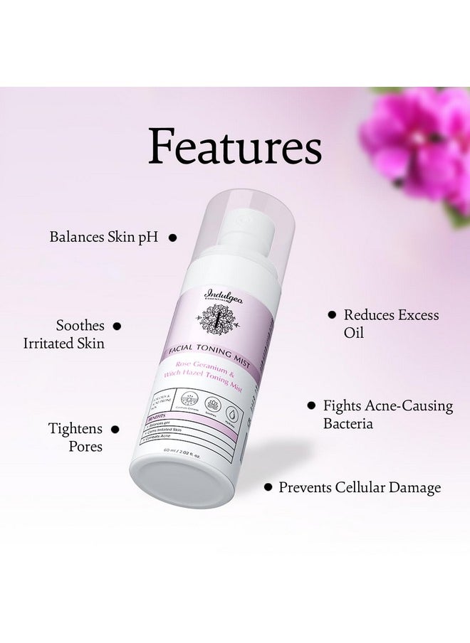 Indulgeo ESSENTIALS Rose Geranium Witch Hazel Facial Toner - Ayush Certified, Hydrating, Refreshing, Ph Balancing Toner For Glowing Skin | Face Mist Refines Pores, Brightens & Smoothens Skin Texture | Suitable For All Skin Types - 60Ml  - Image 4