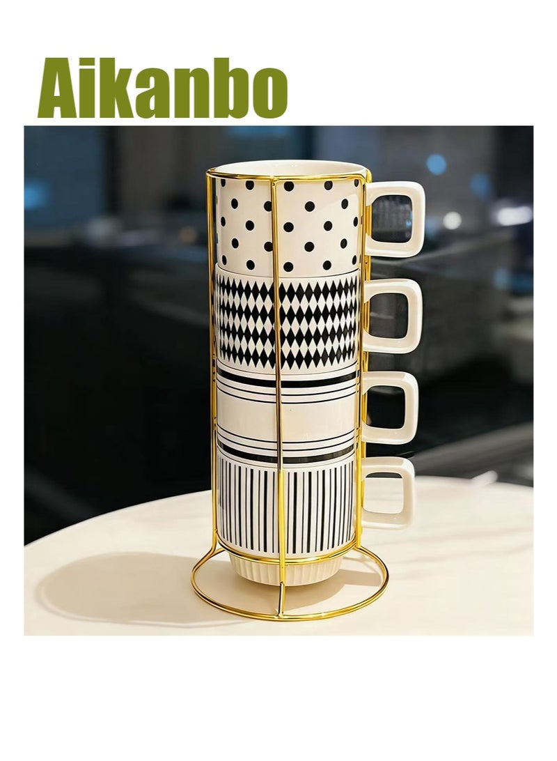 ايكانبو مجموعة أكواب سيراميك من 4 قطع بأنماط مختلفة مع حامل، مجموعة أكواب لاتيه بورسلين قابلة للتكديس سعة 300 مل، مناسبة للكابتشينو والشاي والكاكاو الساخن والمشروبات آمنة للاستخدام في غسالة الأطباق والميكروويف - Image 1