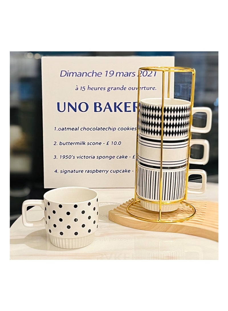 ايكانبو مجموعة أكواب سيراميك من 4 قطع بأنماط مختلفة مع حامل، مجموعة أكواب لاتيه بورسلين قابلة للتكديس سعة 300 مل، مناسبة للكابتشينو والشاي والكاكاو الساخن والمشروبات آمنة للاستخدام في غسالة الأطباق والميكروويف - Image 2