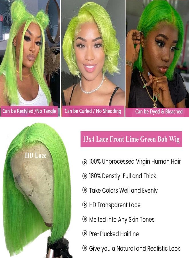 Ubetta Lime Green Bob Wig Human Hair Lace Front Wigs 14 Inch 13x4 HD Lace Front Wigs Human Hair Pre Plucked Glueless Wigs Brazilian Virgin Human Hair Short Bob Wig for Women 180% Density Deep Part Hairline - Image 3
