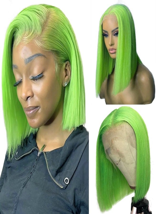 Ubetta Lime Green Bob Wig Human Hair Lace Front Wigs 14 Inch 13x4 HD Lace Front Wigs Human Hair Pre Plucked Glueless Wigs Brazilian Virgin Human Hair Short Bob Wig for Women 180% Density Deep Part Hairline - Image 1