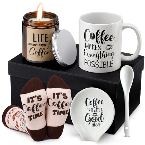 Vabean 5 Pieces Coffee Lover Gifts Set Includes Mug and Spoon Rest Holder Candle and Socks Coffee Basket for Men Women Christmas Birthday Valentines Day Gift Idea