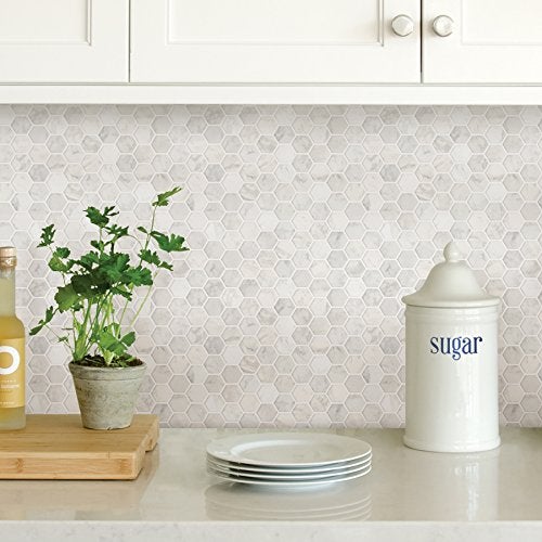 Inhome In Home InHome NH2359 Hexagon Marble Peel Stick Backsplash Tiles, White & Off-White - Image 2