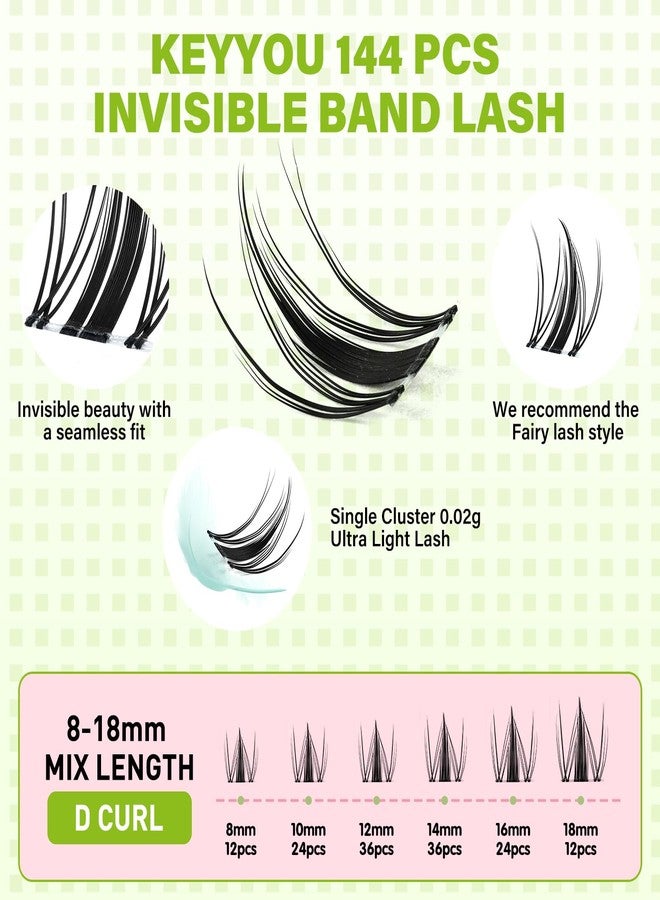 KEYYOU Fairy Lash Clusters 144Pcs D Curl 8-18MIX Manga Lash Extension Eyelash Extension Wispy Natural Invisible Band Lash with Waterproof DIY Lash Extension at Home(Fairy-D-8-18MIX) - Image 2