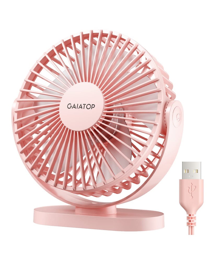 Gaiatop USB Desk Fan, 5.5 Inch Small Quiet Powerful 3 Speeds 90° Rotate, Personal Mini Portable Desktop Table Fans, Cooling for Home Office Car Travel Indoor Outdoor Pink - Image 1