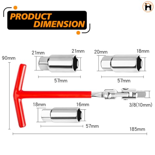 Homdum Universal Spark Plug Socket Wrench, Spark Plug Removal Tool, T-Handle 360 Spark Plug Socket 16/18/21MM - Image 3