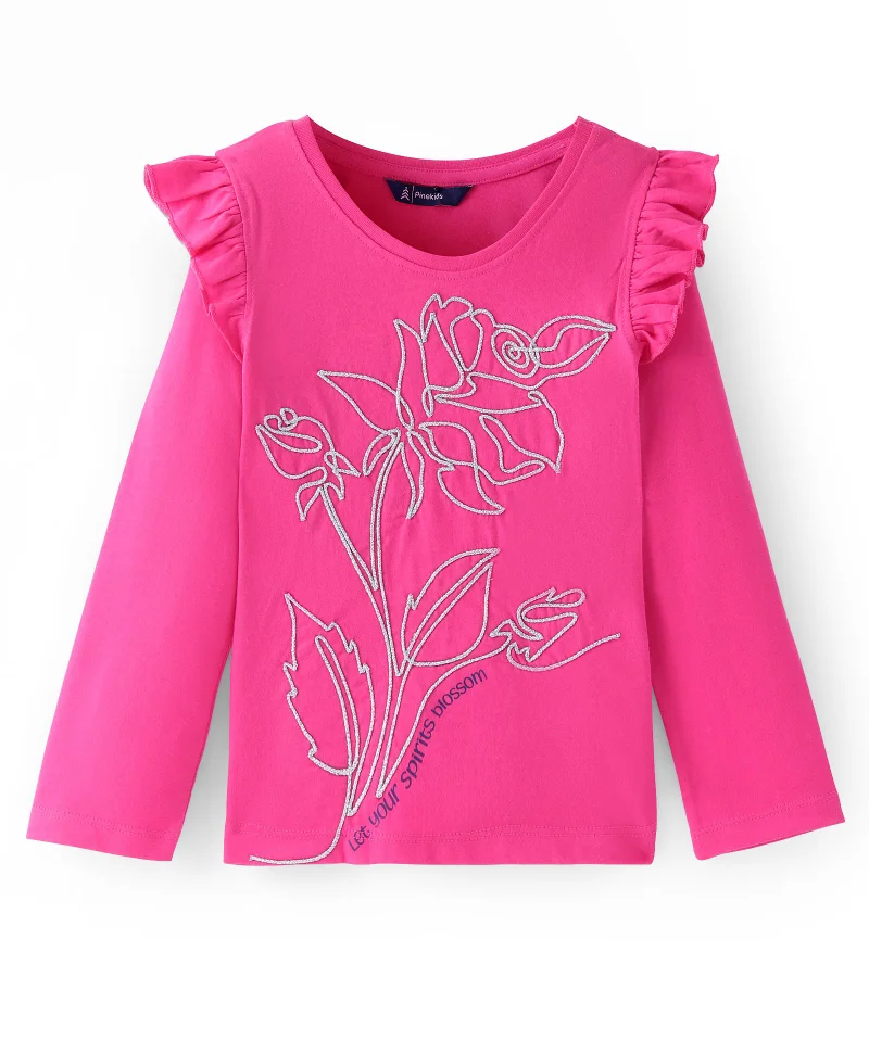 Pine Kids Pine Kids Cotton Knit Full Sleeves Top with Frill Detailing Floral Embroidery - Pink