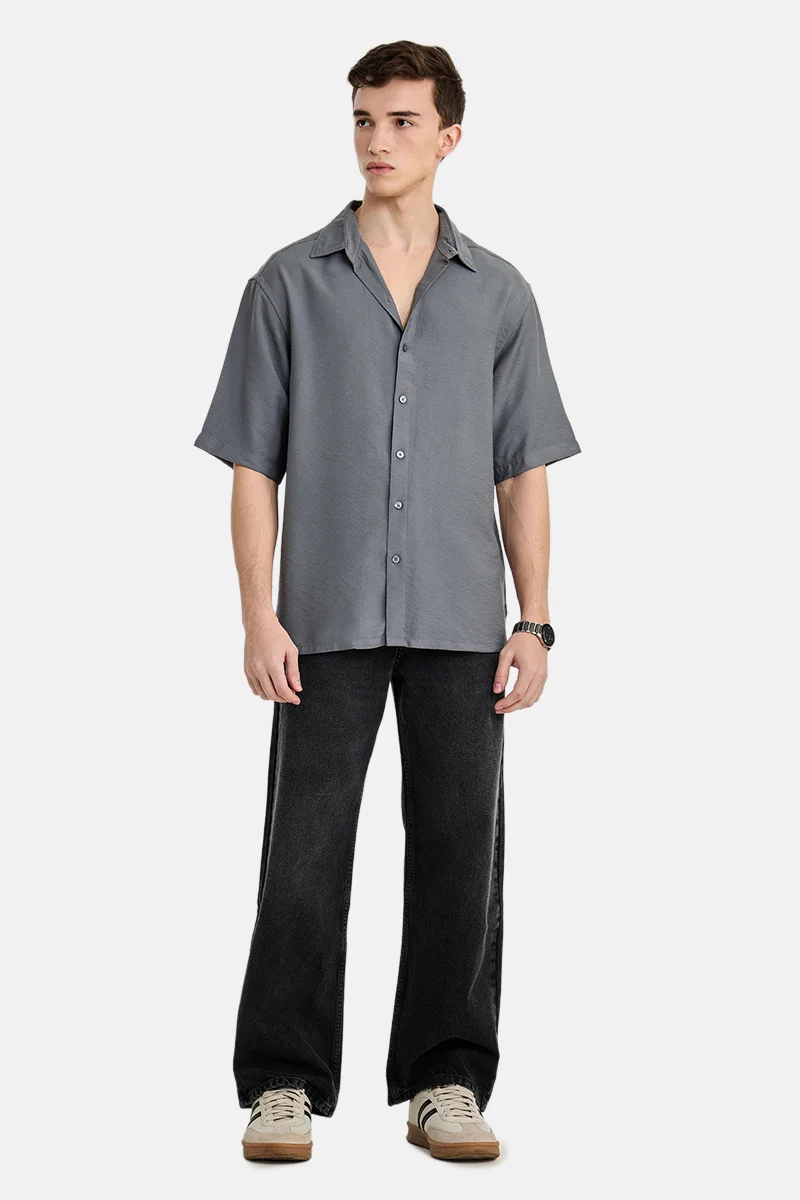 سنيتش Charcoal Grey Textured Half Sleeve Regular Fit Casual Shirt
