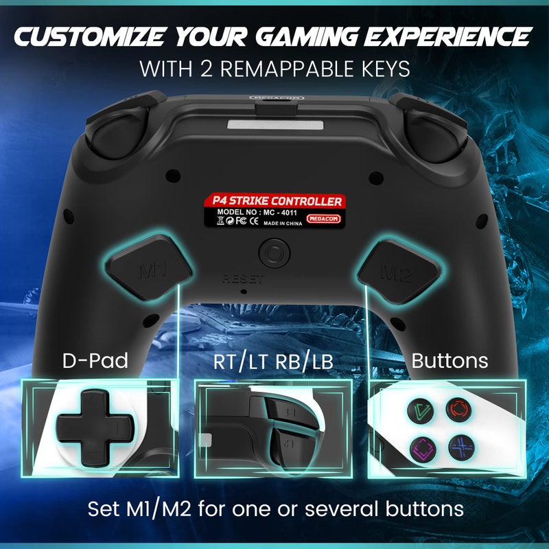megacom Wireless Bluetooth Controller for P4/PC â€“ Gamepad with 2 Remap Keys, Dual Vibration, Rechargeable Battery, 3.5mm Audio Jack, Touchpad, Speaker â€“ Compatible with P4 Console & Windows Gaming - Image 3