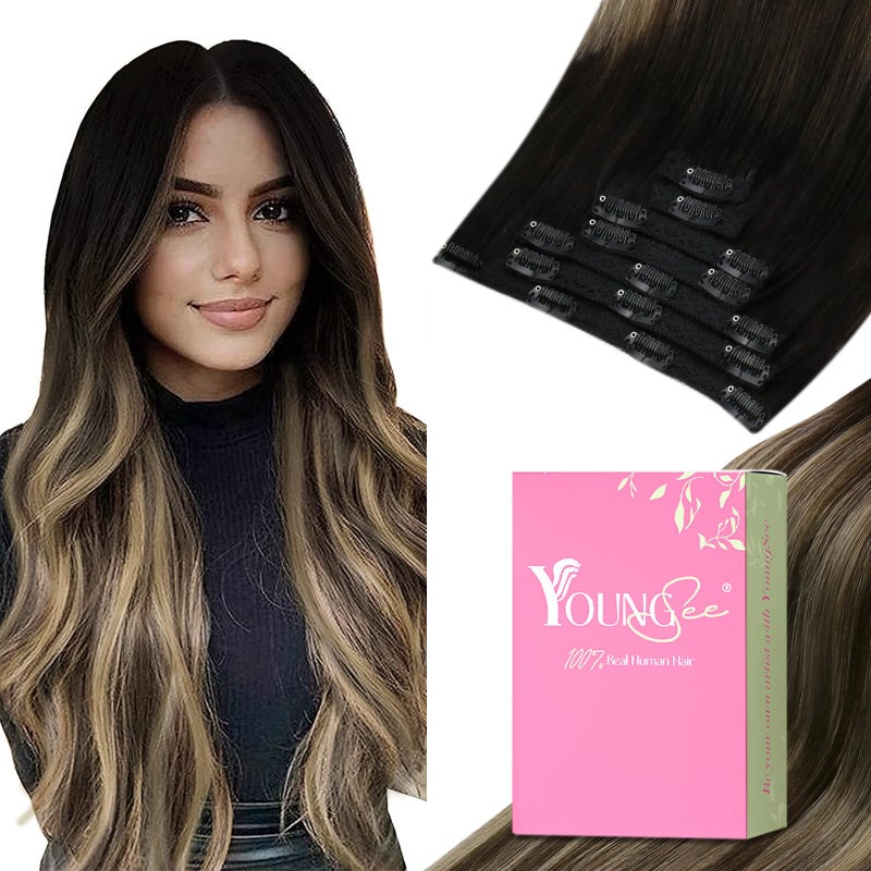 YoungSee 18 Inch Clip in Hair Extensions Black Ombre 120G Clip in Human Hair Extensions Balayage Natural Black Ombre Dark Brown Mix Caramel Brown Clip ins Extensions Ease of Use 18In 7Pcs - Image 1