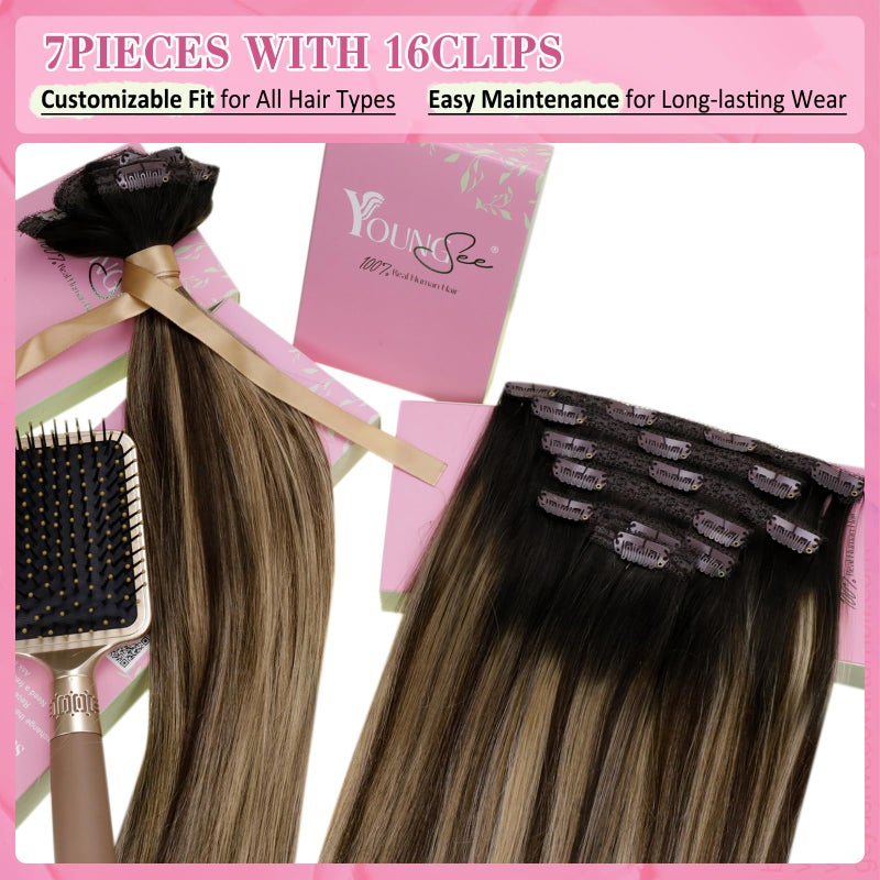YoungSee 18 Inch Clip in Hair Extensions Black Ombre 120G Clip in Human Hair Extensions Balayage Natural Black Ombre Dark Brown Mix Caramel Brown Clip ins Extensions Ease of Use 18In 7Pcs - Image 4