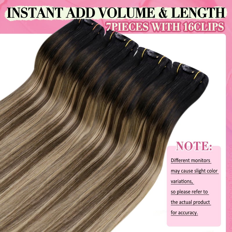 YoungSee 18 Inch Clip in Hair Extensions Black Ombre 120G Clip in Human Hair Extensions Balayage Natural Black Ombre Dark Brown Mix Caramel Brown Clip ins Extensions Ease of Use 18In 7Pcs - Image 5