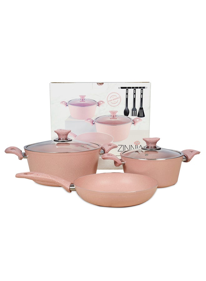 Zinnia Cookware Set 8Pcs Non Stick Aluminum Granite Coating Glass Lid (Stainless Steel Frame)Pink Marble Color 