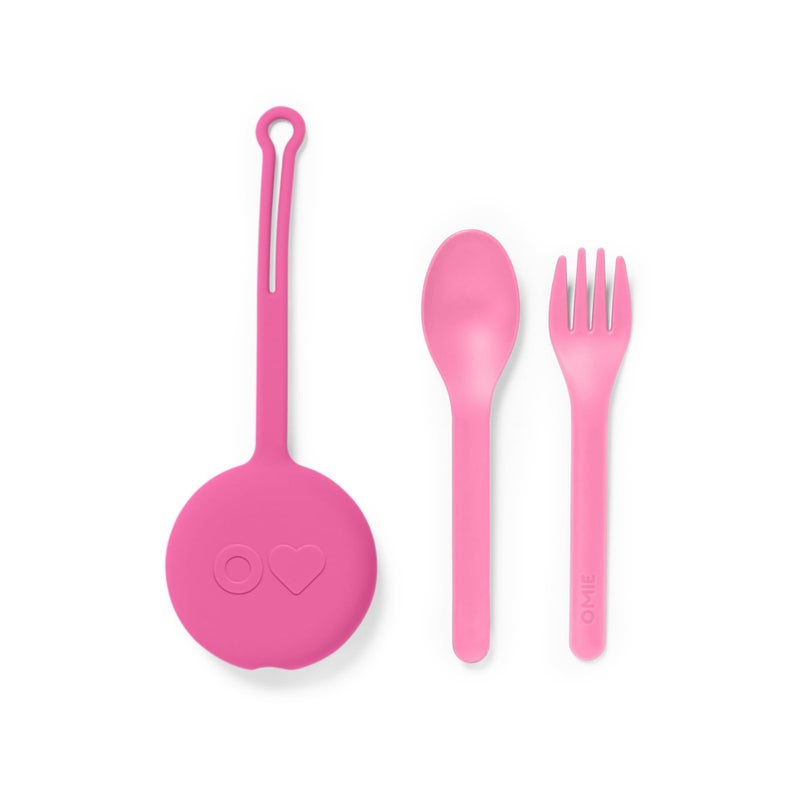 Omie OmieBox Kids Utensils Set with Case - 2 Piece Plastic, Reusable Fork and Spoon Silverware with Pod for Kids (Bubble Pink) - Image 1